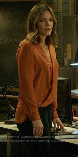 Paige’s orange wrap blouse on Scorpion