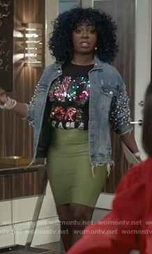 Porsha’s no more drama t-shirt and pearl embellished jacket on Empire