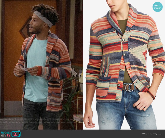 Polo Ralph Lauren Patterned Shawl Cardigan worn by Franco Wicks (Jermaine Fowler) on Superior Donuts