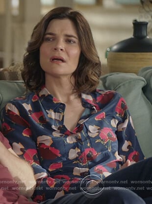 Heather’s blue floral print blouse on Life in Pieces