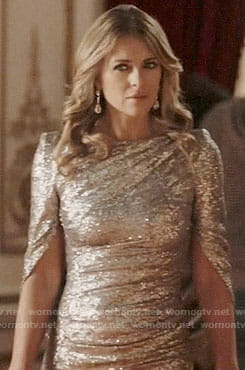 Queen Helena’s silver sequin gown on The Royals