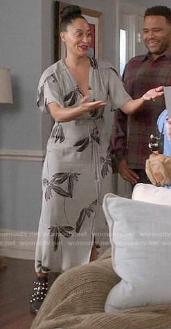 Bo’s grey printed midi dress and pearl studded boots on Black-ish