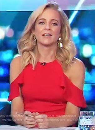 Carrie’s red cold shoulder ruffle sleeve top on The Project