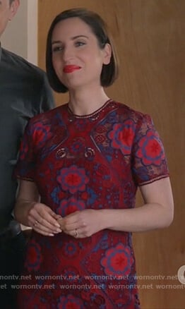Jen’s red floral lace dress on Life in Pieces