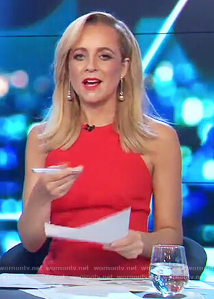Carrie’s red ruched sleeveless dress on The Project