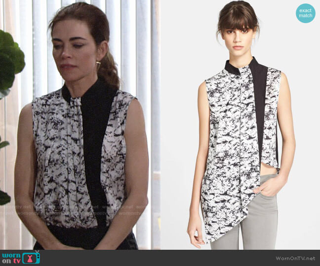 Robert Rodriguez Graphic Overlay Asymmetrical Blouse worn by Victoria Newman (Amelia Heinle) on The Young and the Restless