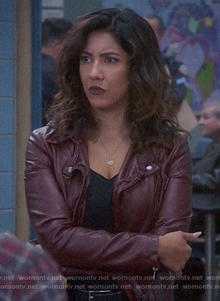 Rosa’s dark red leather jacket with hood on Brooklyn Nine-Nine