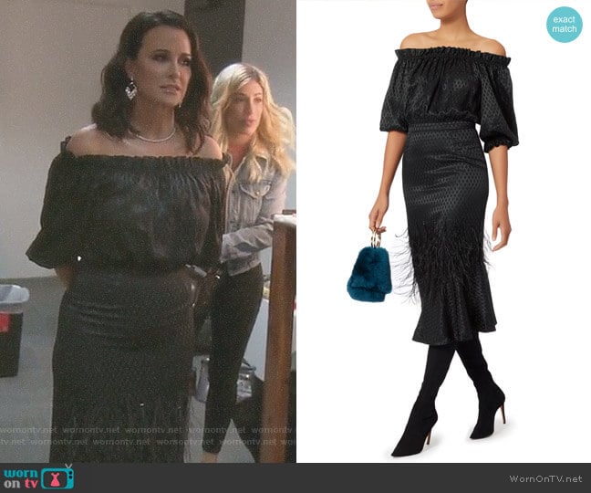 Saloni Feather-Detailed Off Shoulder Dress worn by Kyle Richards on The Real Housewives of Beverly Hills