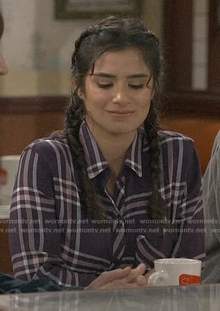 Sofia’s navy and pink plaid shirt on Superior Donuts
