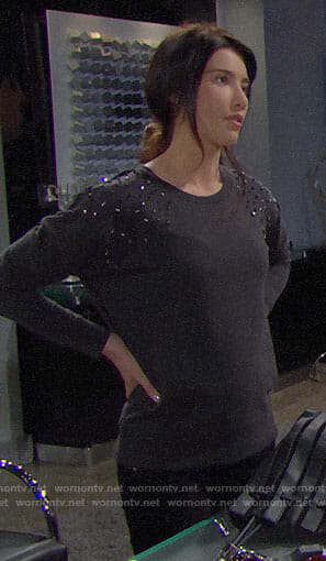 Steffy’s sweatshirt with embellished shoulders on The Bold and the Beautiful