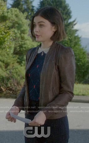 Stella’s navy diamond print sweater on Life Sentence