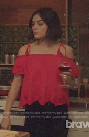 Stella’s red tie-shoulder top on Life Sentence