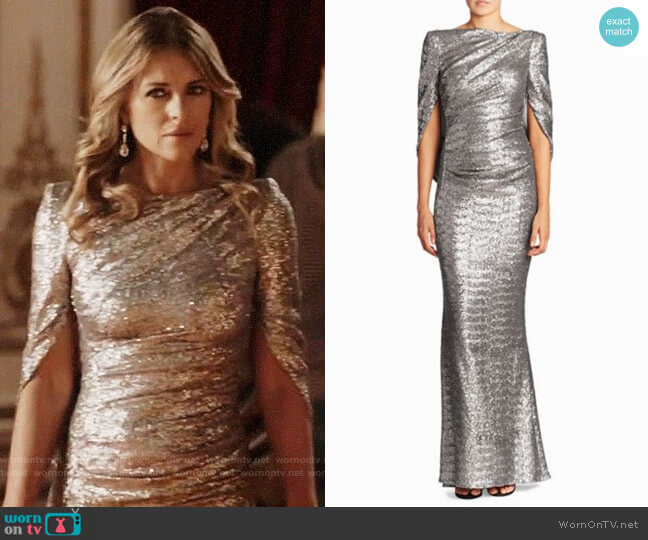 Talbot Runhof Sequin Cape Gown worn by Queen Helena (Elizabeth Hurley) on The Royals
