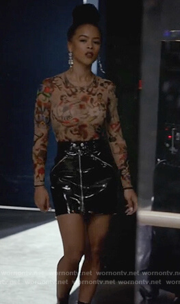 Tiana’s tattoo print bodysuit and latex mini skirt on Empire