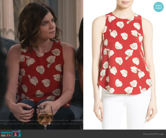 Theory Zabetha Harper Print Silk Top worn by Heather Hughes (Betsy Brandt) on Life in Pieces