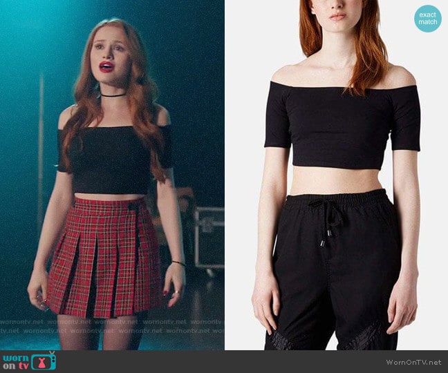 Topshop Bardot Off Shoulder Crop Top worn by Cheryl Blossom (Madelaine Petsch) on Riverdale