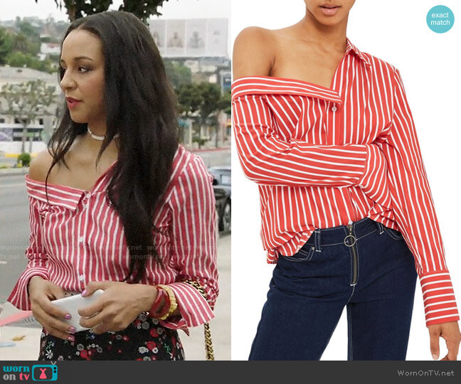 Topshop Stripe Off the Shoulder Top worn by Shaun (Carra Patterson) on The Arrangement