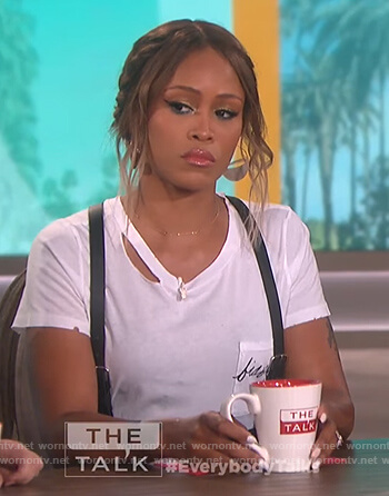 Eve’s white distressed bisou bisou tee on The Talk