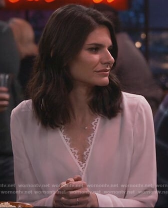 Leslie’s white lace trim wrap top on Living Biblically