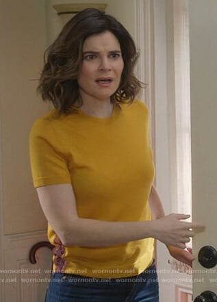 Heather’s yellow lace inset short sleeve sweater on Life in Pieces