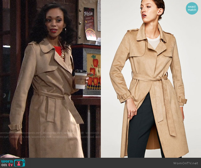 Zara Faux Suede Trench Coat worn by Hilary Curtis (Mishael Morgan) on The Young and the Restless
