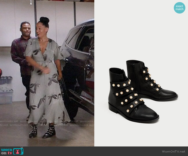 Zara Leather Ankle Boots with Faux Pearls worn by Rainbow Johnson (Tracee Ellis Ross) on Black-ish