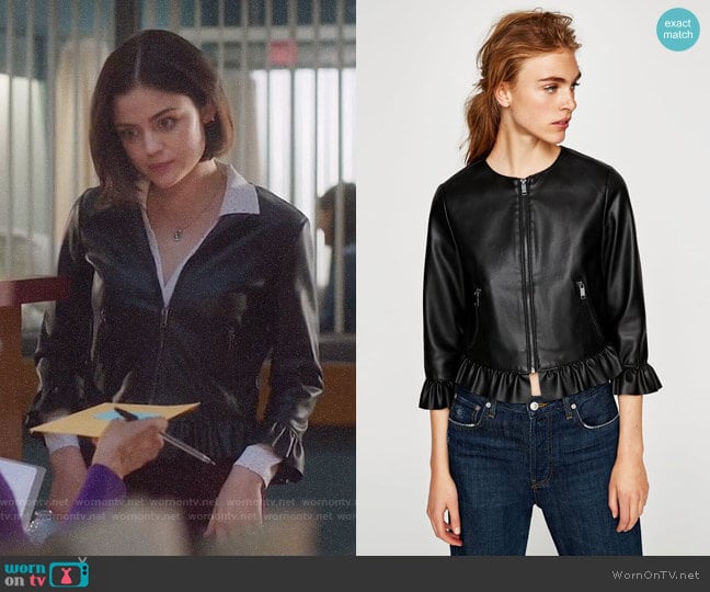 Zara Leather Effect Frilled Jacket worn by Stella Abbott (Lucy Hale) on Life Sentence