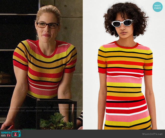 Zara Multicolored Striped Sweater worn by Felicity Smoak (Emily Bett Rickards) on Arrow