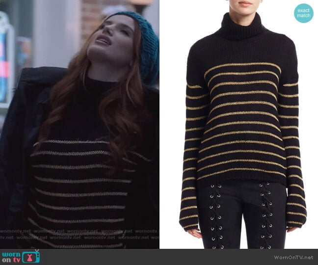 ALC Elisa Metallic Stripe Turtleneck Sweater worn by Paige Townsen (Bella Thorne) on Famous in Love