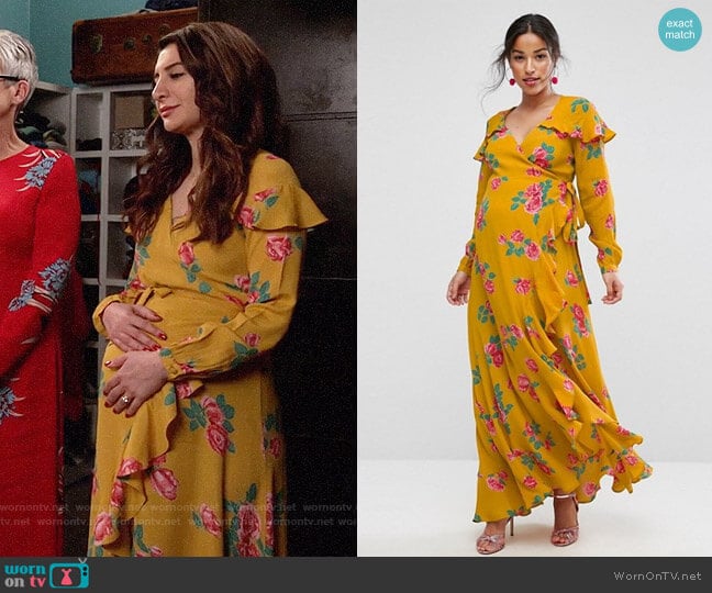 ASOS Maternity Long Sleeve Wrap Maxi Dress in Bold Floral worn by Aly Nelson (Nasim Pedrad) on New Girl