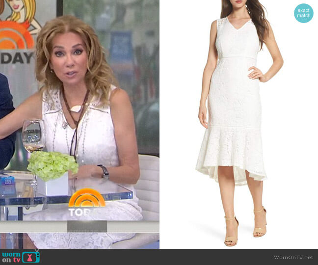 Adrianna Papell Cynthia Lace Flounce Hem Sheath Dress worn by Kathie Lee Gifford on Today