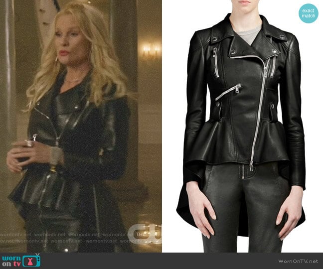 Alexander McQueen Leather Peplum Moto Jacket worn by Alexis Carrington (Elaine Hendrix) on Dynasty