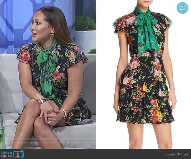 Alice + Olivia Lessie Tiered Floral Tie-Neck Dress worn by Adrienne Houghton on The Real