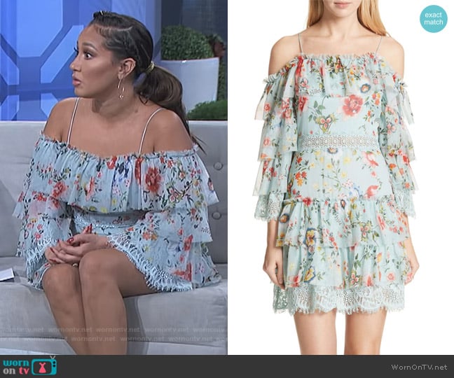 Alice + Olivia Santos Off the Shoulder Tiered Silk Dress worn by Adrienne Houghton on The Real