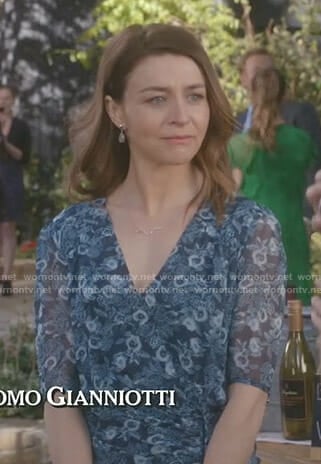 Amelia’s navy floral ruched side dress on Grey’s Anatomy