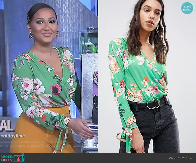 Asos Long Sleeve Tie Cuff Wrap Daywear Body in Floral Print worn by Adrienne Houghton on The Real