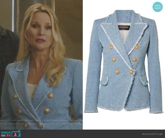 Balmain Double-Breasted Bouclé-Tweed blazer worn by Alexis Carrington (Elaine Hendrix) on Dynasty