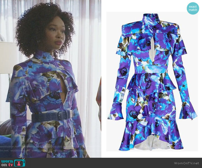 Balmain Ruffled Floral Print Dress worn by Monica Colby (Wakeema Hollis) on Dynasty