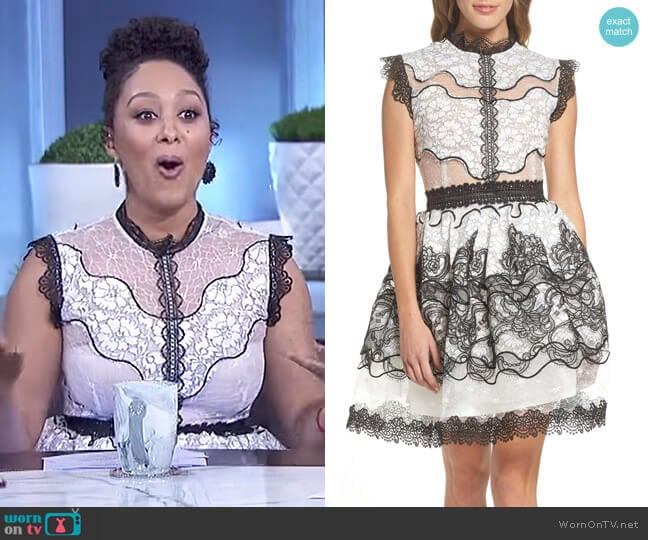 Bronx and Banco Orchid Cap Sleeve Lace Dress worn by Tamera Mowry on The Real
