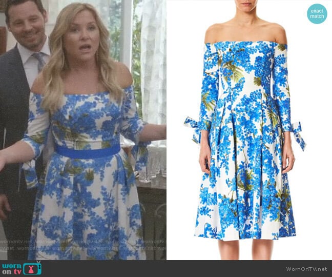 Carolina Herrera Off-The-Shoulder Floral Dress worn by Arizona Robbins (Jessica Capshaw) on Greys Anatomy