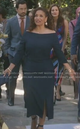Catherine’s navy peplum dress on Grey’s Anatomy