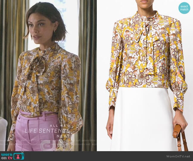 Chloe Floral Tie Neck Blouse worn by Cristal Flores (Nathalie Kelley) on Dynasty