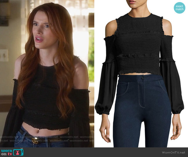 Cinq a Sept Pascal Smocked Silk Top worn by Paige Townsen (Bella Thorne) on Famous in Love