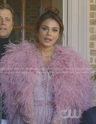 Cristal’s pink lace dress and feather jacket on Dynasty