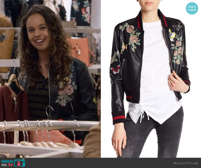 Dex Patch and Print Detailed Faux Leather Bomber Jacket worn by Jessica Davis (Alisha Boe) on 13 Reasons Why