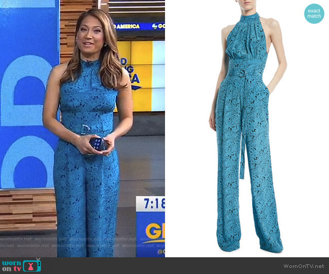 Diane von Furstenberg Halter Belted Jumpsuit worn by Ginger Zee on Good Morning America