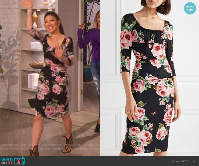 Dolce & Gabbana Ruched floral-print stretch-silk charmeuse midi dress worn by Julie Chen on The Talk