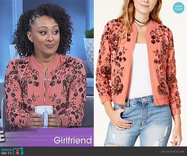 Endless Rose Embellished Bomber Jacket worn by Tamera Mowry on The Real