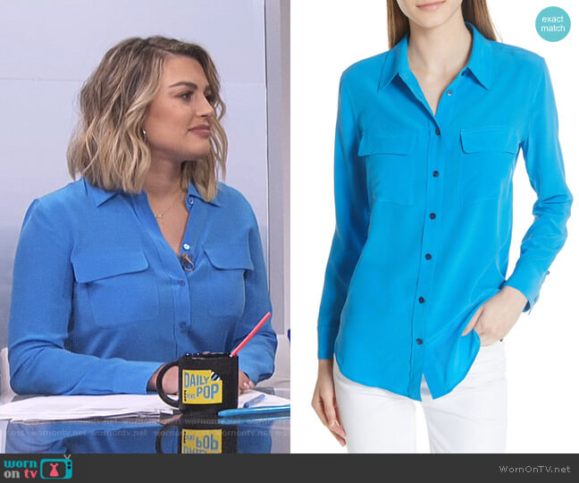Equipment Slim Signature Silk Shirt in Brilliant Blue worn by Carissa Loethen Culiner on E! News