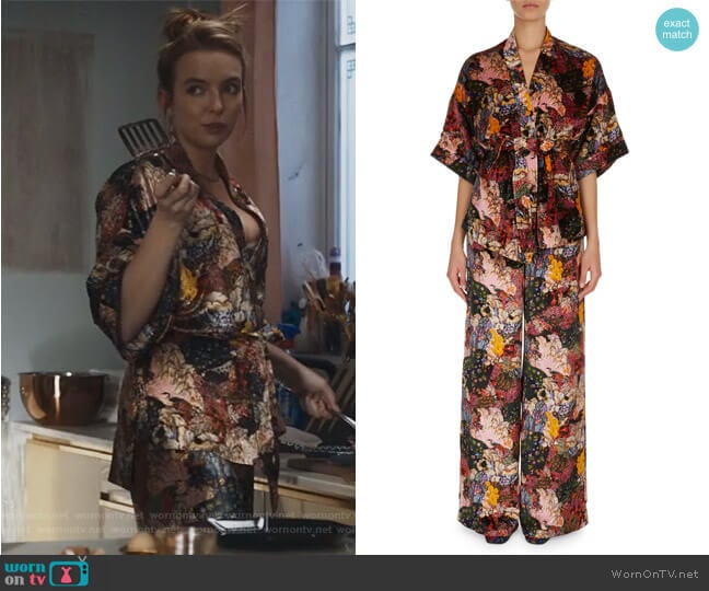 Erdem Birte Floral-Print Velvet Pajama Pants worn by Villanelle (Jodie Comer) on Killing Eve